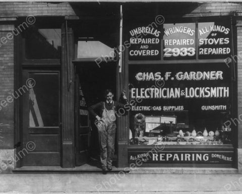 Electrician/Locksmith Poses Store Front 8x10 Reprint Of Old Photo - Photoseeum