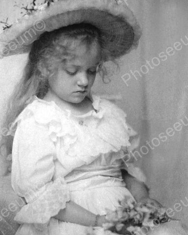 Wistful Young Girl In Hat & Flowers 1800 8x10 Reprint Of Old Photo - Photoseeum