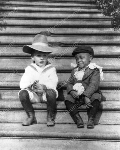 Two Boys Sitting On Stairs 1902 Vintage 8x10 Reprint Of Old Photo - Photoseeum