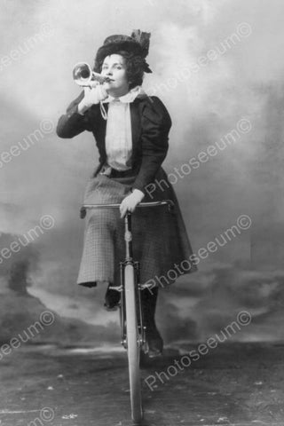 Victorian Woman Toots Horn Riding Bicycle 4x6 Reprint Of Old Photo - Photoseeum