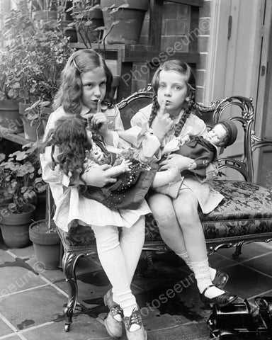 Girls & Antique Porcelain Bisque Doll & Lenci Doll 8x10 Reprint Of Old Photo - Photoseeum