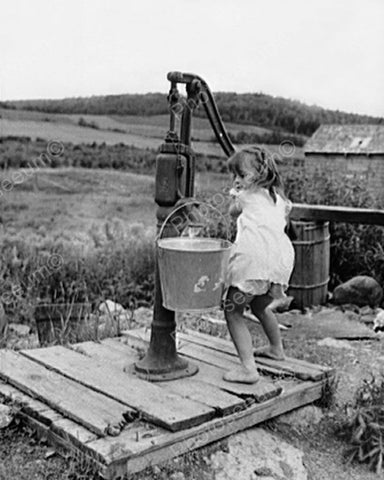 Small Girl Pumps Water From Well 1900s 8x10 Reprint Of Old Photo - Photoseeum