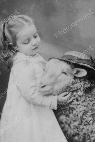 Sweet Girl Embraces Lamb In Hat Victorian 4x6 Reprint Of Old Photo - Photoseeum