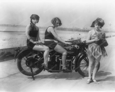 Leggy Ladies Pose On Vintage Motorcycle! 8x10 Reprint Of Old Photo - Photoseeum