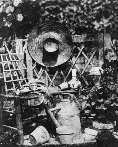 Garden Scene Straw Hat Watering Can Pots 8x10 Reprint Of Old Photo - Photoseeum