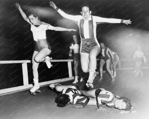 Roller Derby Player Jump Over Team Mates 8x10 Reprint Of Old Photo - Photoseeum