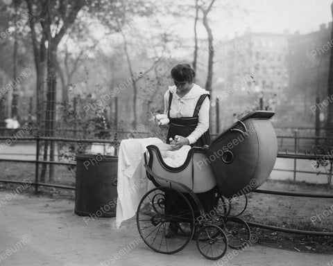 Woman Pushing Antique Baby Carriage Vintage 8x10 Reprint Of Old Photo - Photoseeum