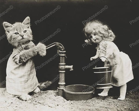 Cat & Doll Watering 1915 8x10 Reprint Of Old Photo - Photoseeum