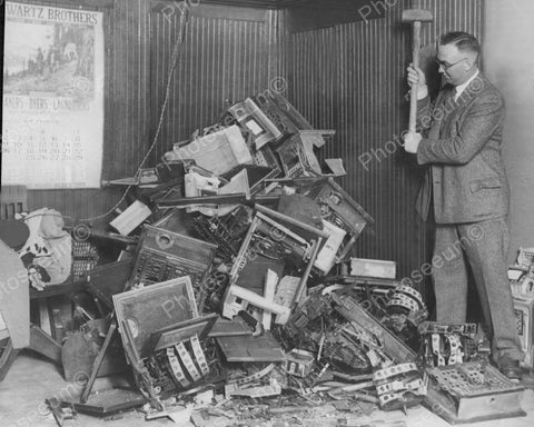 Slot Machines Destroyed By Police Vintage 8x10 Reprint Of Old Photo - Photoseeum