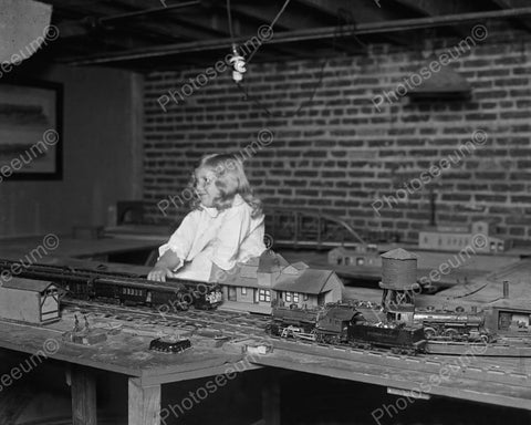 Small Girl Plays With Antique Train Set 8x10 Reprint Of Old Photo - Photoseeum