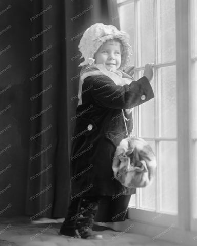 Adorable Child In Bonnet Window Portrait 8x10 Reprint Of Old Photo - Photoseeum
