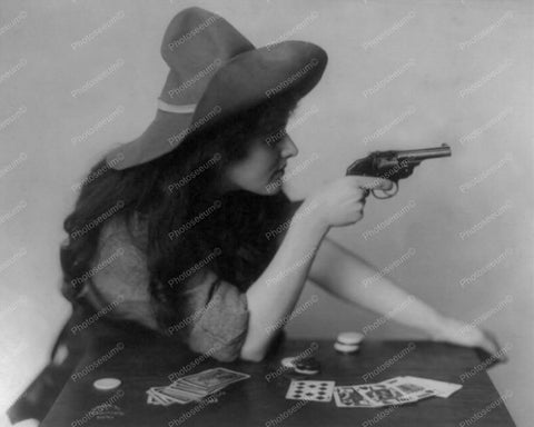Cowgirl Pointing Gun At Card Table 8x10 Reprint Of Old Photo - Photoseeum