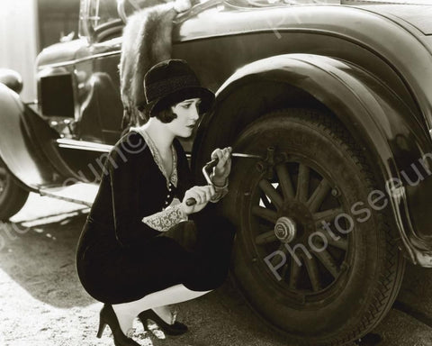 Wealthy Girl Tightening Car Wheel Vintage 8x10 Reprint Of Old Photo - Photoseeum