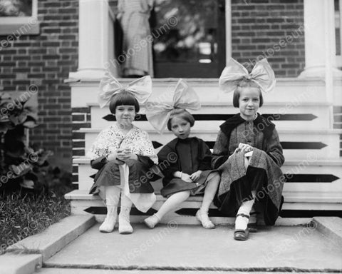 Three Little Girls With Big Bows In Hair 8x10 Reprint Of Old Photo - Photoseeum