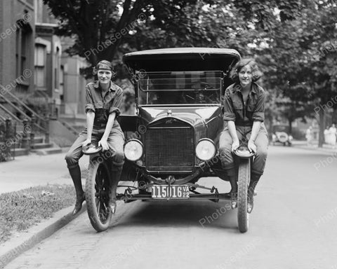 Girls Riding Car Fenders 1922 Vintage 8x10 Reprint Of Old Photo - Photoseeum