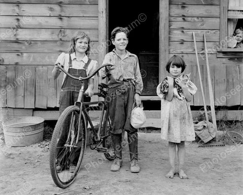 Farm Children Pose With Cat & Bicycle 8x10 Reprint Of Old Photo - Photoseeum
