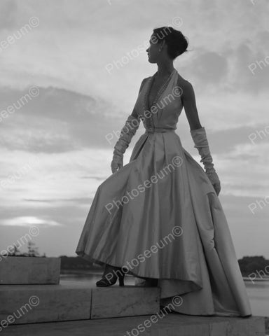 Fashion Model In Gown Stands By Water Vintage 1960s  Reprint 8x10 Old Photo - Photoseeum