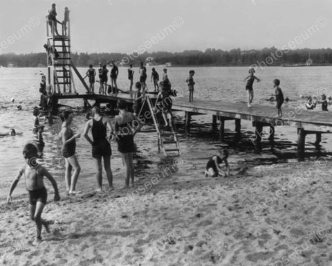 Swimmers Enjoy Dock &  Lakeside Swim 8x10 Reprint Of Old Photo - Photoseeum