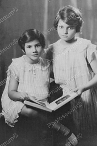 Sisters In White Dresses Reading Portrait 4x6 Reprint Of Old Photo - Photoseeum