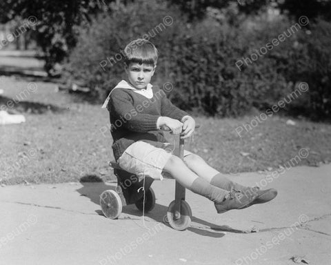 Boy Riding Antique Wooden Wheel Tricycle Viintage 8x10 Reprint Of Old Photo - Photoseeum