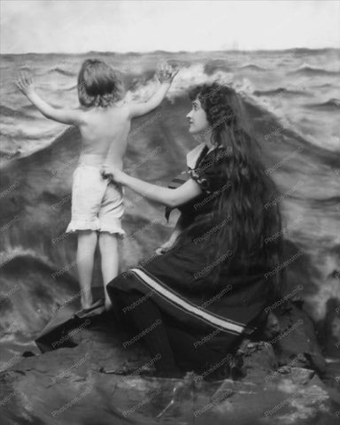 Lady &  Little Girl On Large Rock 1900s 8x10 Reprint Of Old Photo - Photoseeum