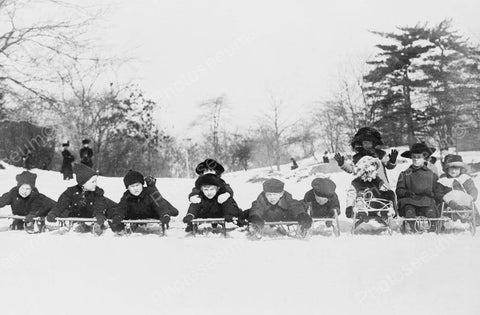 Children Lined Up For Downhill Sled Race! Old 4x6 Reprint Of Photo - Photoseeum