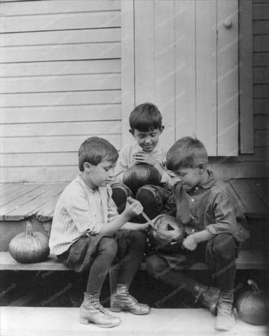 Boy Pumpkin Carvers! Halloween Vintage 8x10 Reprint Of Old Photo - Photoseeum