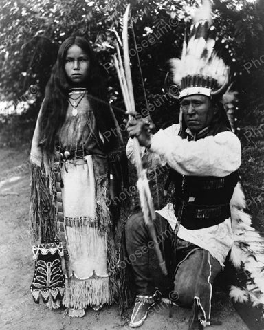 Father & Daughter Wearing War Bonnets 1891 Vintage 8x10 Reprint Of Old Photo - Photoseeum